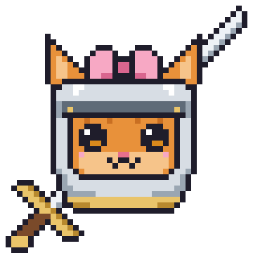 Rebeccat, a kitten in a knight's helmet with a pink bow