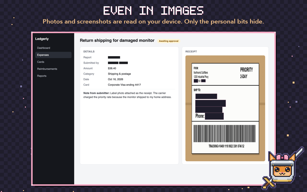 A shipping-label photo with only the name, address, and phone covered