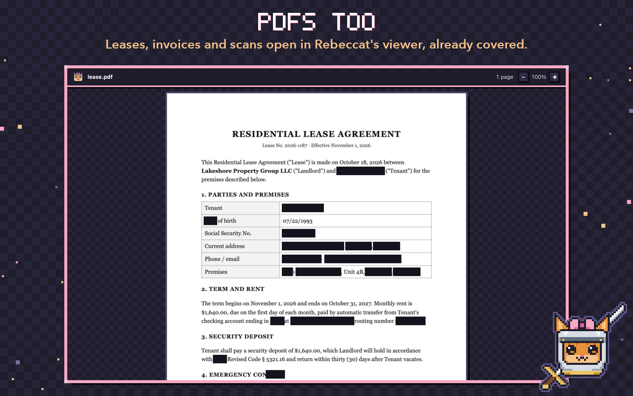 A lease agreement PDF with the tenant's details covered